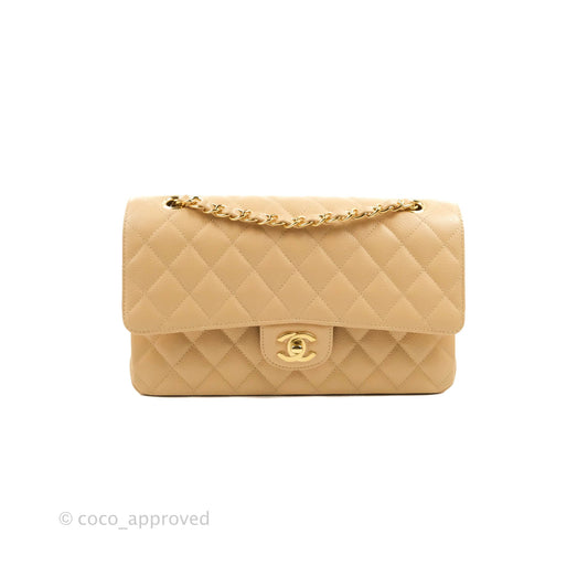 Chanel Classic M/L Medium Flap Quilted Beige Caviar Gold Hardware