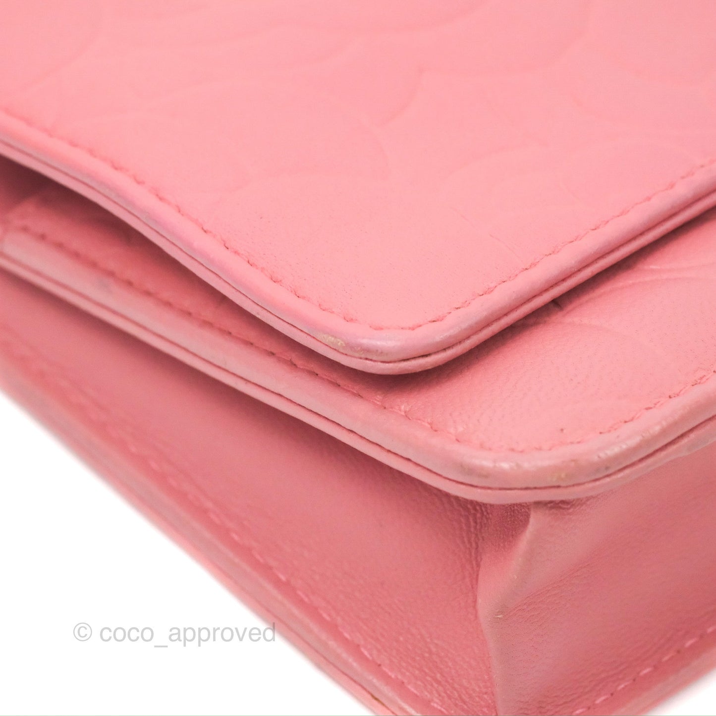 Chanel Camellia Embossed Wallet On Chain WOC Pink Lambskin Silver Hardware