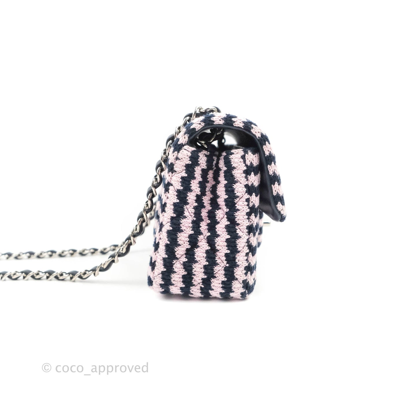 Chanel Mini Rectangular Flap Bag Navy Pink Striped Tweed Silver Hardware