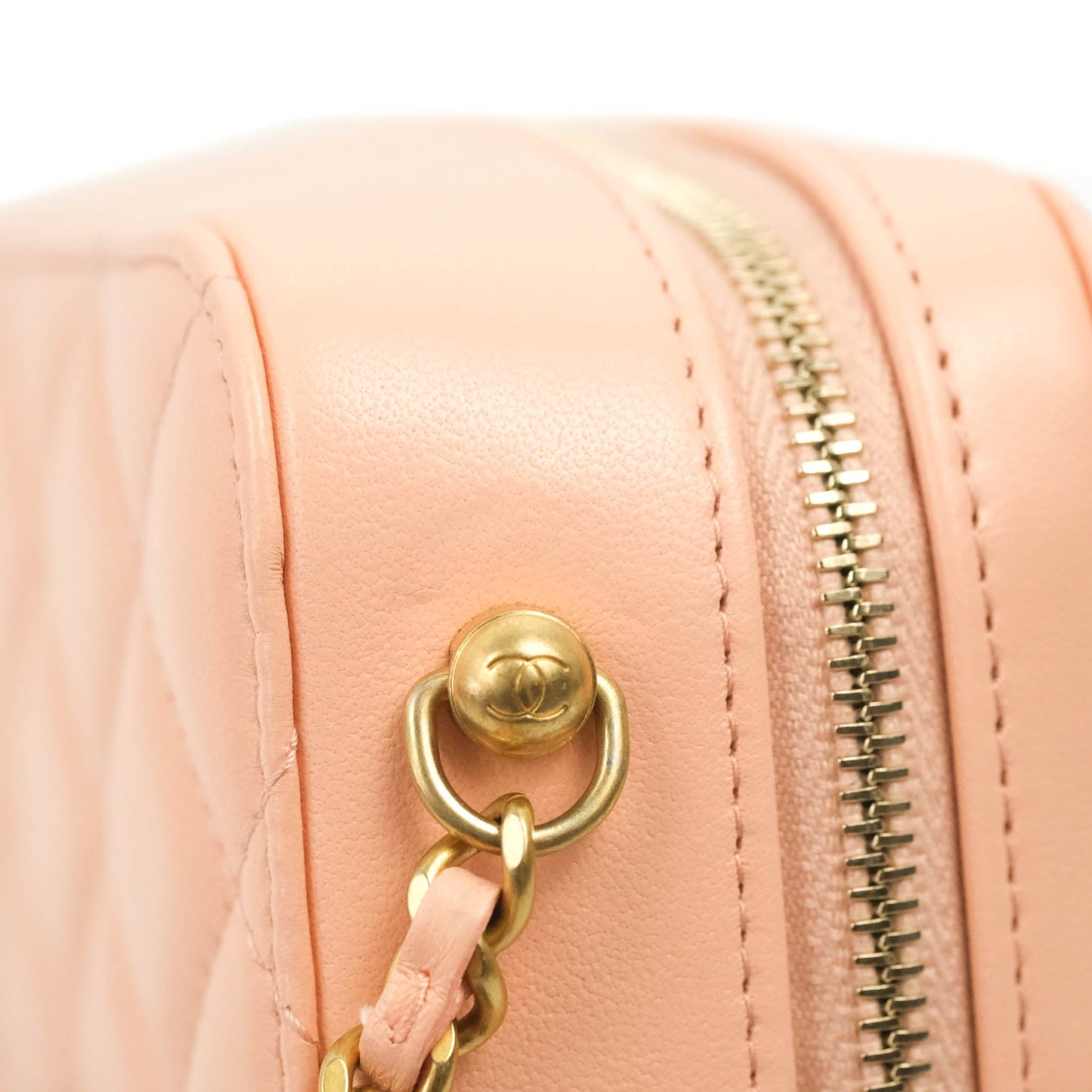 Chanel Mini Pearl Crush Quilted Camera Case Beige Pink Lambskin Aged Gold Hardware