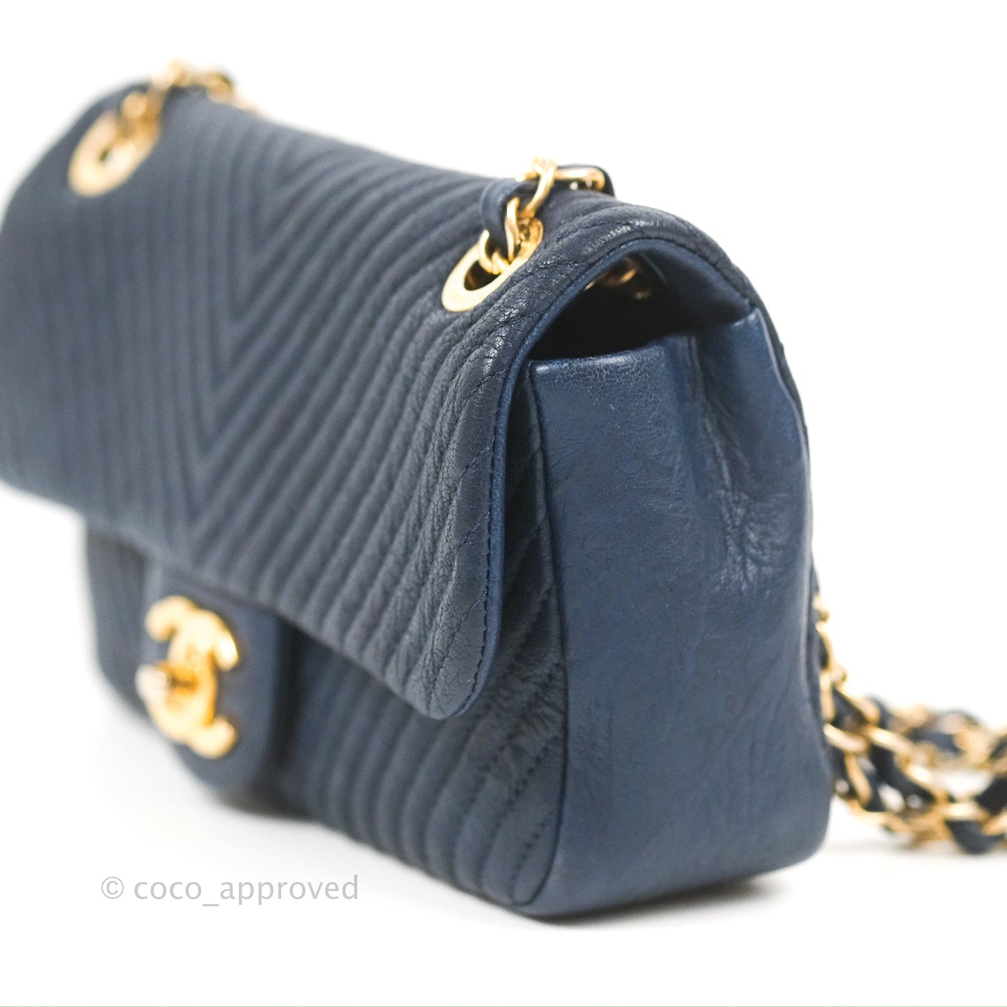 Chanel Small Chevron Surpique Flap Navy Calfskin Aged Gold Hardware