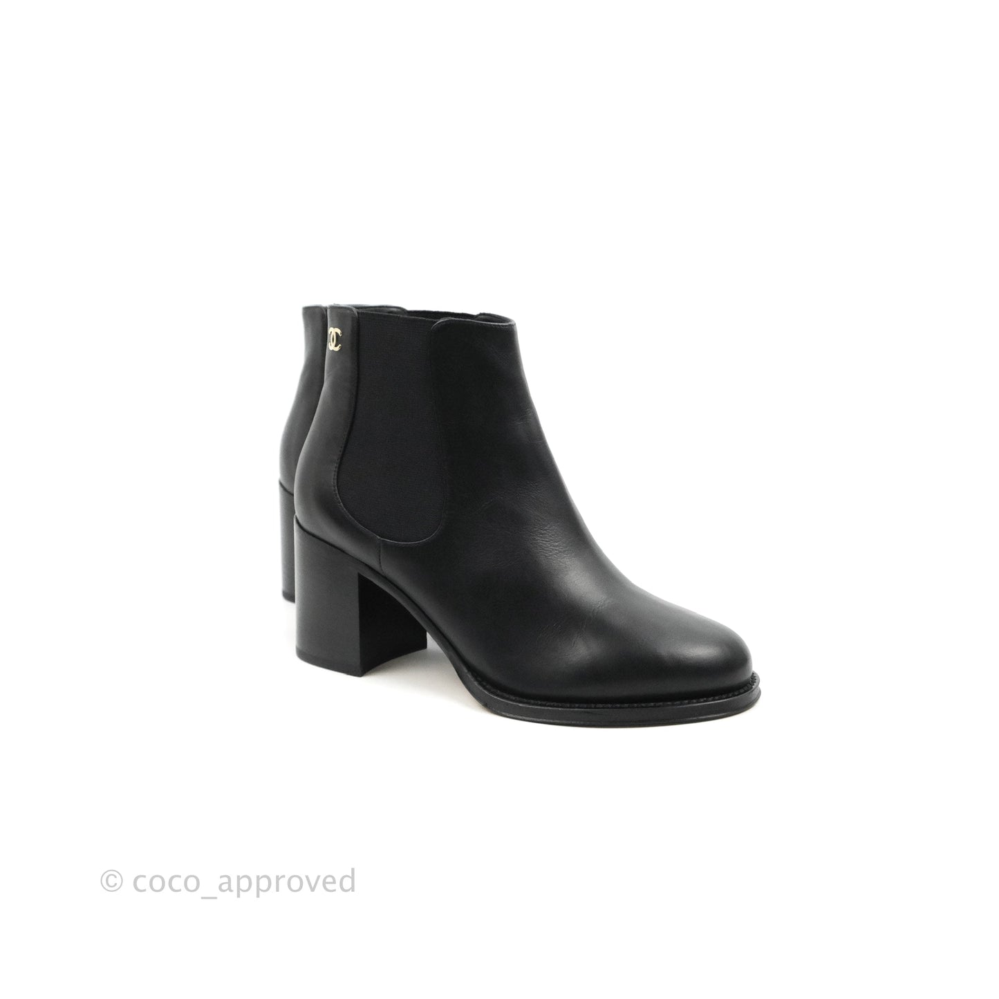 Chanel CC Ankle Boots Black Leather Size 37.5