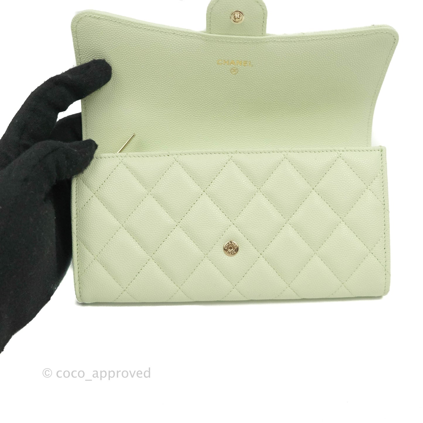 Chanel Caviar Quilted Long Flap Wallet Mint Green Caviar Gold Hardware 22C