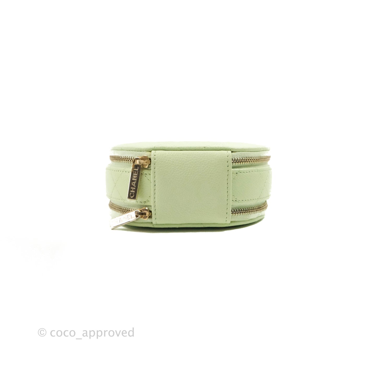 Chanel Mini Round Vanity Bag Handle With Care Light Green Caviar 22C