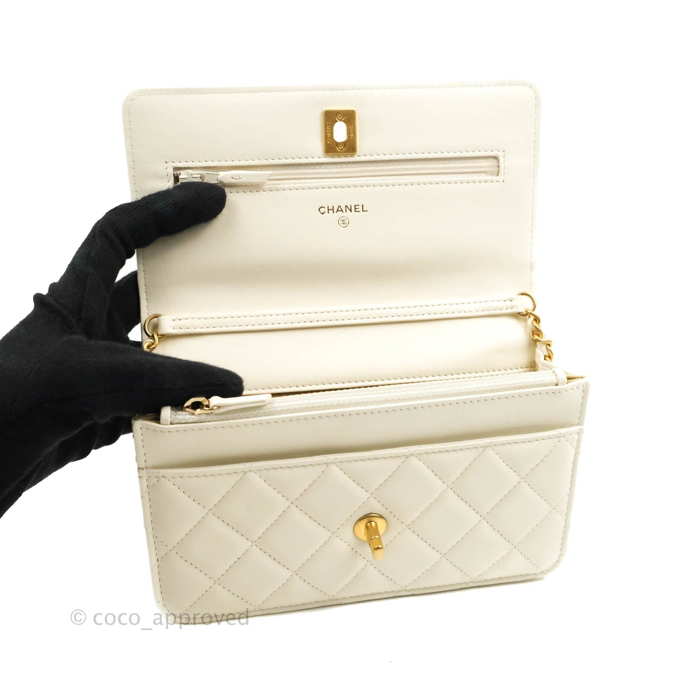 Chanel Quilted Pearl Crush Wallet on Chain WOC White Lambskin Aged Gold Hardware