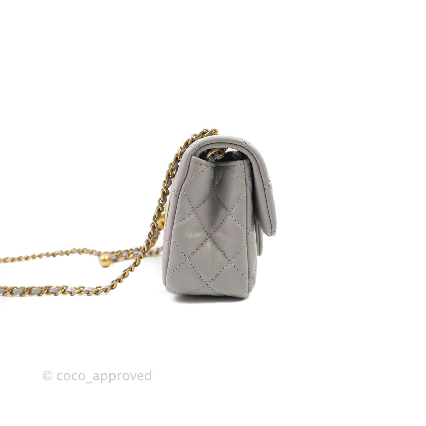 Chanel Mini Rectangular Pearl Crush Quilted Light Grey Lambskin Aged Gold Hardware 22B