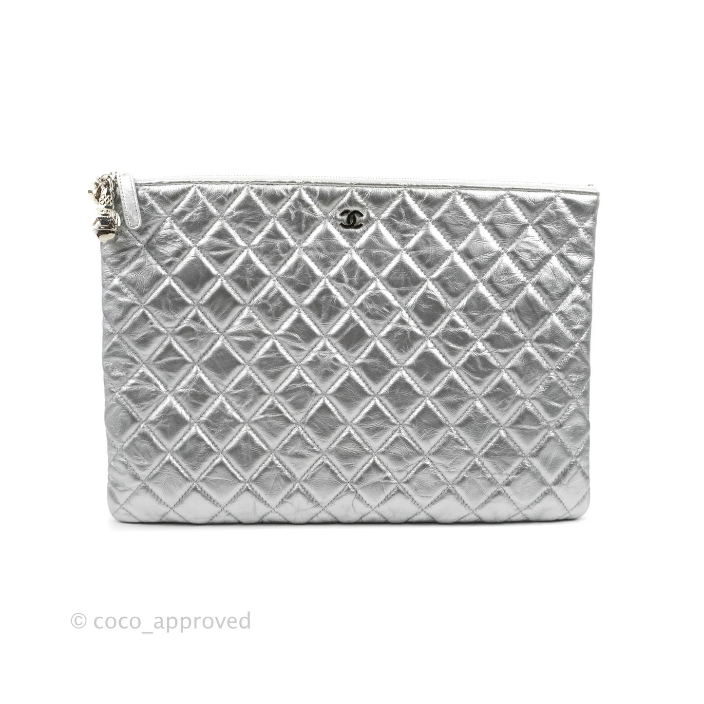 Chanel Caviar Quilted Large Cosmetic Case Metallic Silver  With Charms