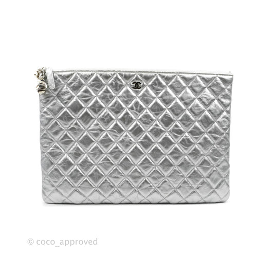 Chanel Caviar Quilted Large Cosmetic Case Metallic Silver  With Charms