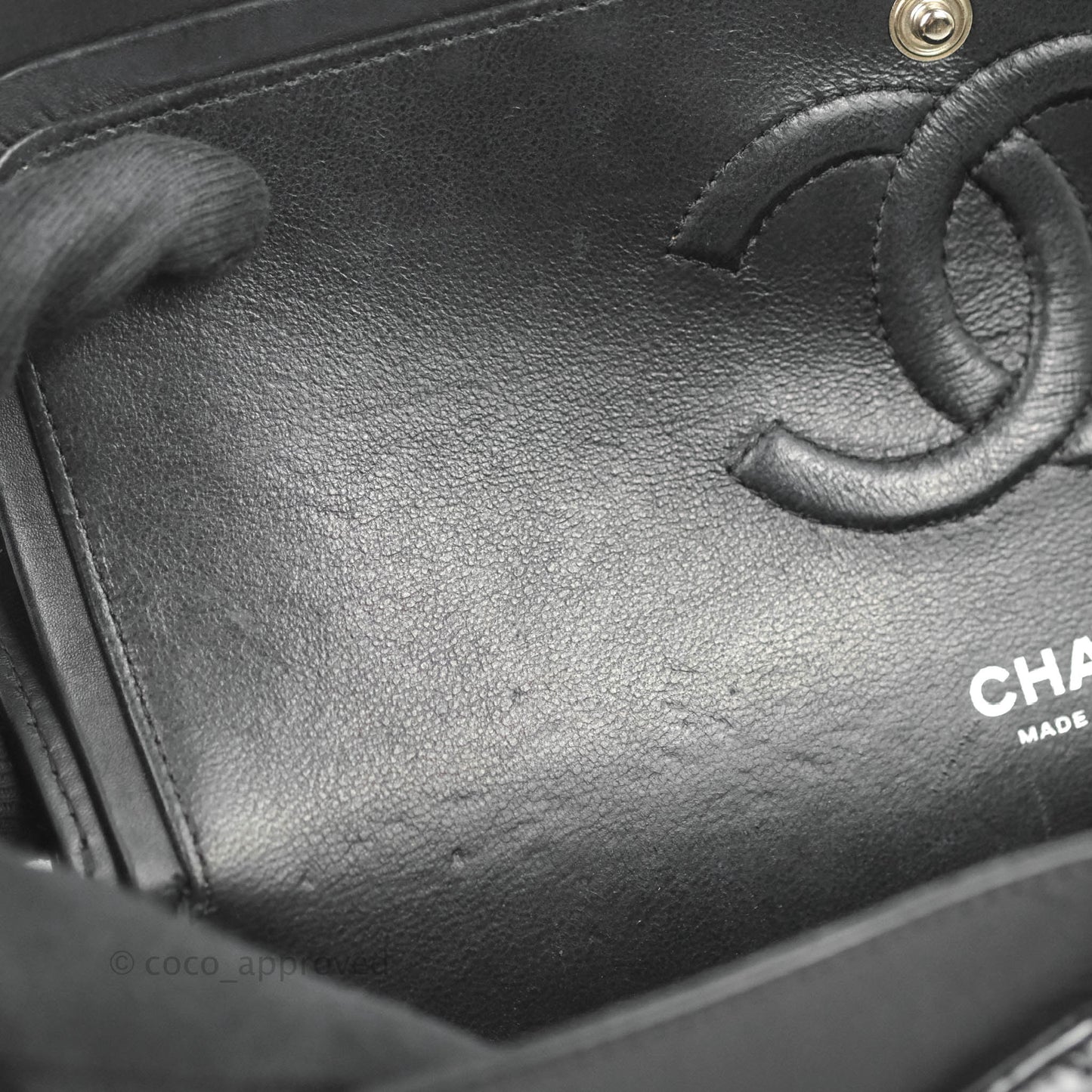 Chanel Classic M/L Medium Chevron Double Flap Black Patent Silver Hardware