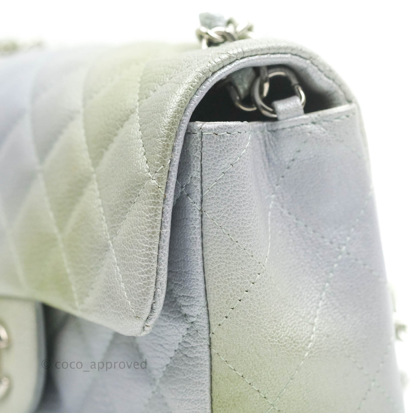 Chanel Quilted Mini Rectangular Flap Ombre Grey Green Metallic Goatskin Silver Hardware 22C