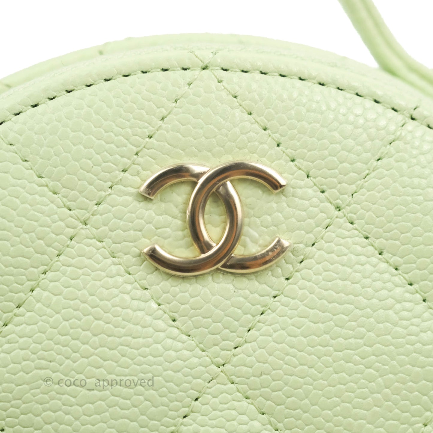 Chanel Mini Round Vanity Bag Handle With Care Light Green Caviar 22C
