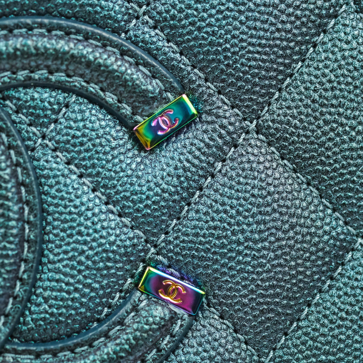 Chanel Quilted Medium CC Filigree Vanity Case Iridescent Dark Turquoise Caviar Rainbow Hardware