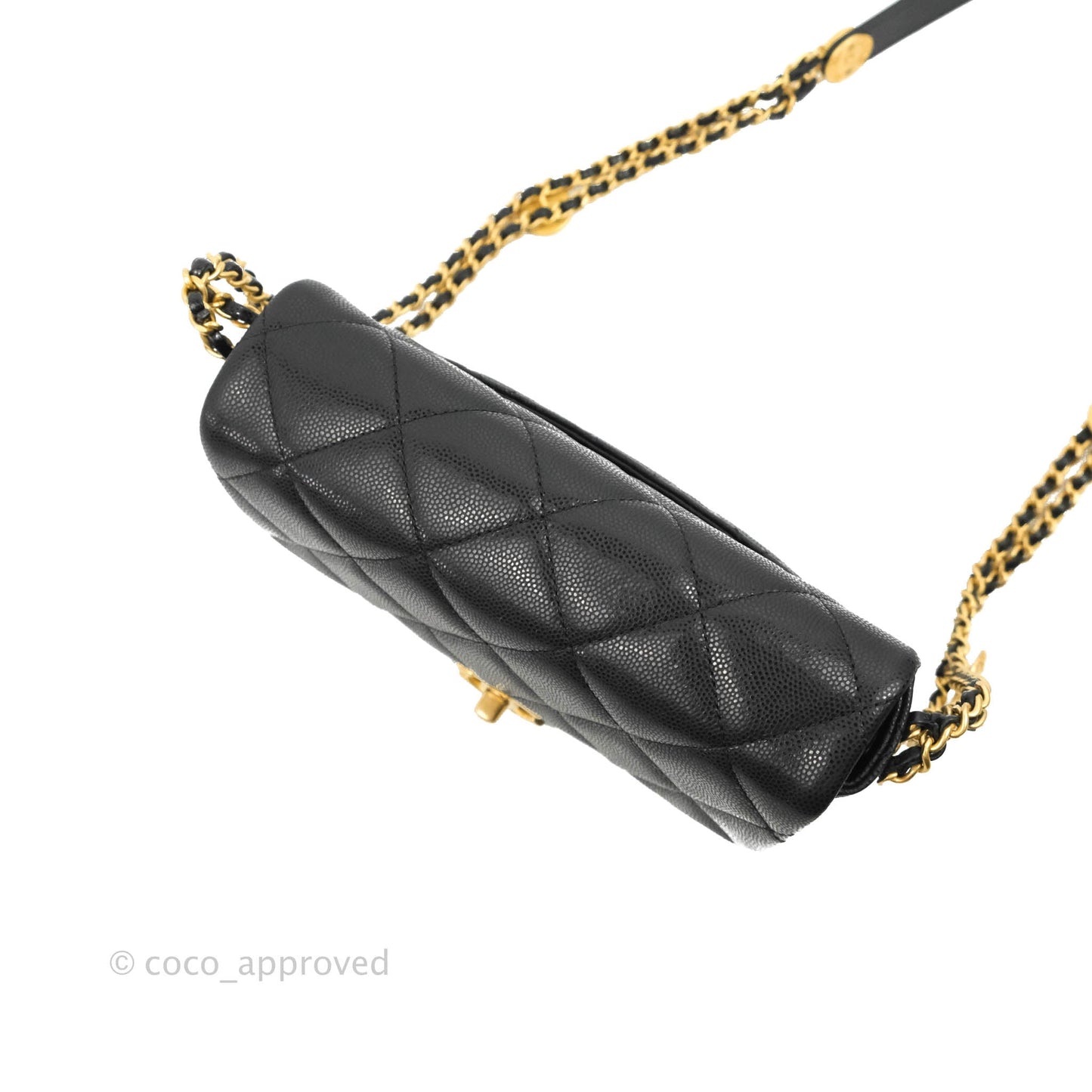 Chanel Small Flap with Coin Charm Black Caviar Aged Gold Hardware 22A