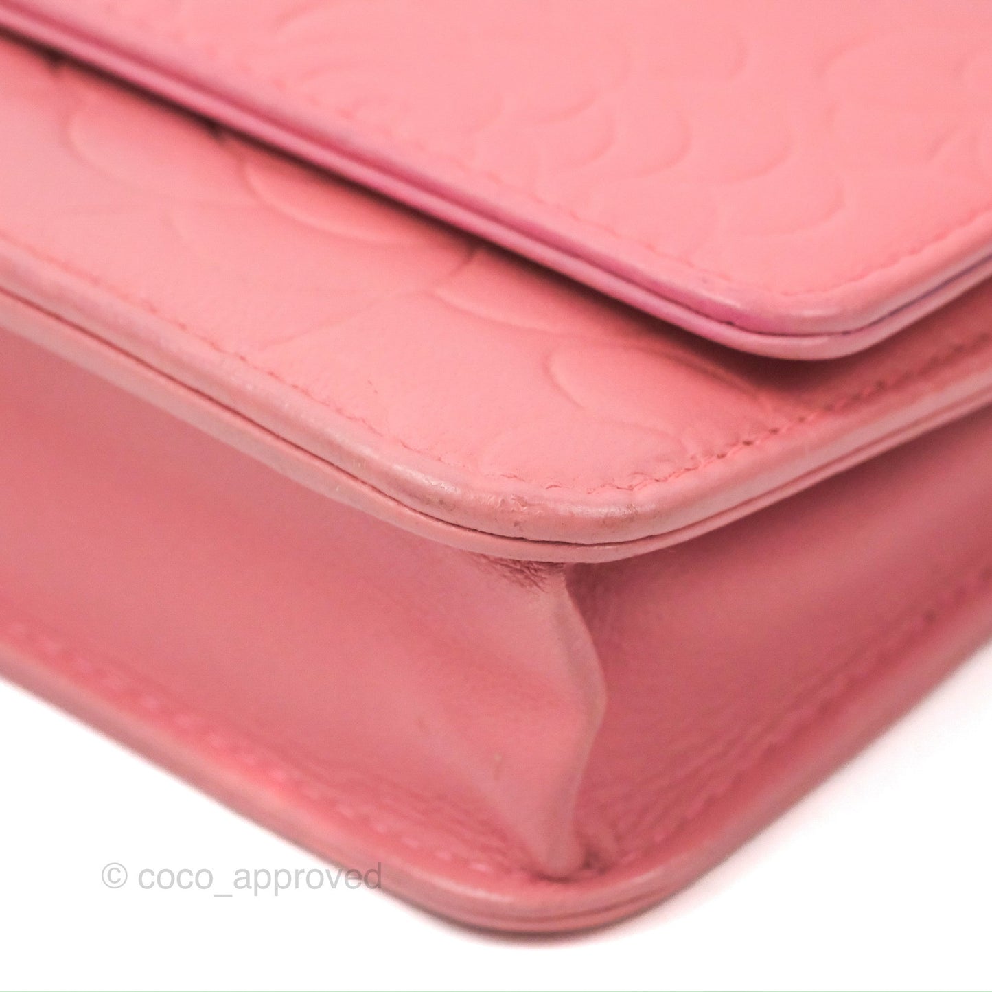 Chanel Camellia Embossed Wallet On Chain WOC Pink Lambskin Silver Hardware