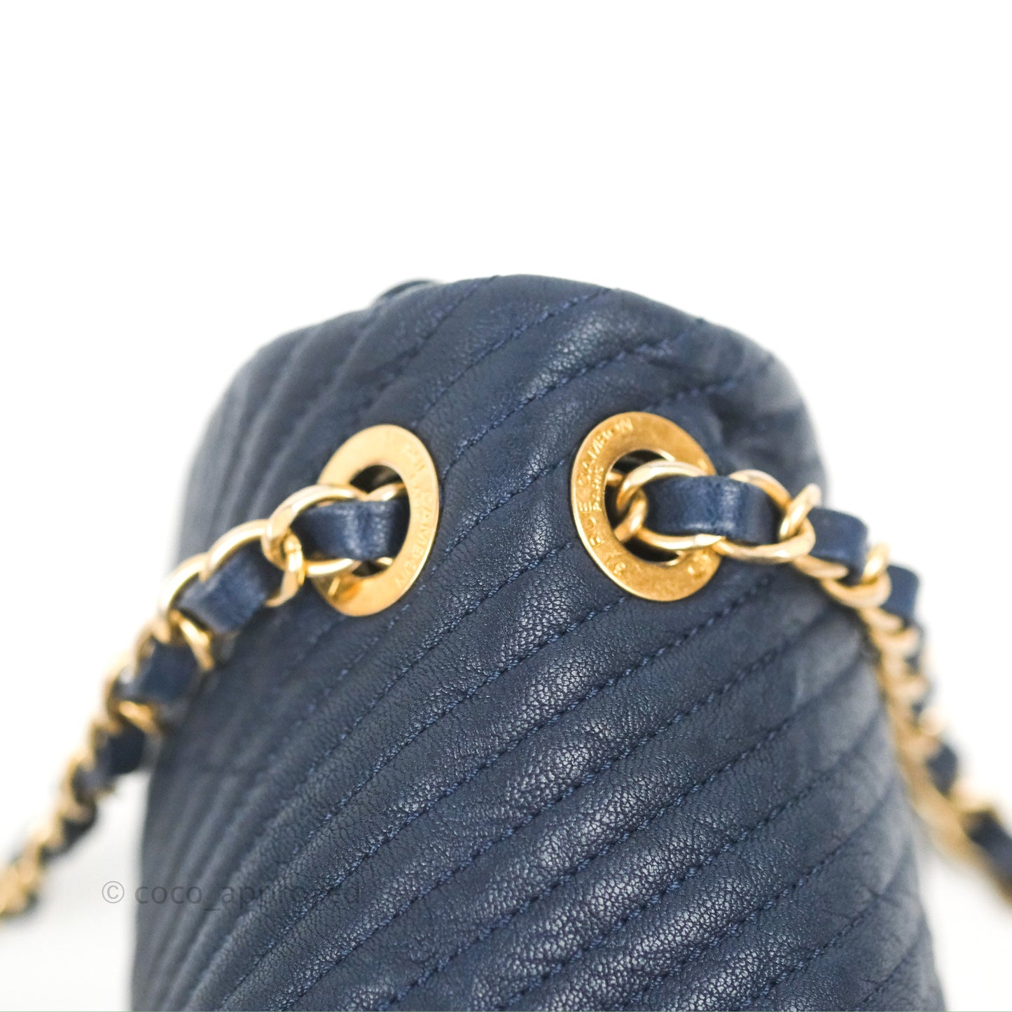 Chanel Small Chevron Surpique Flap Navy Calfskin Aged Gold Hardware