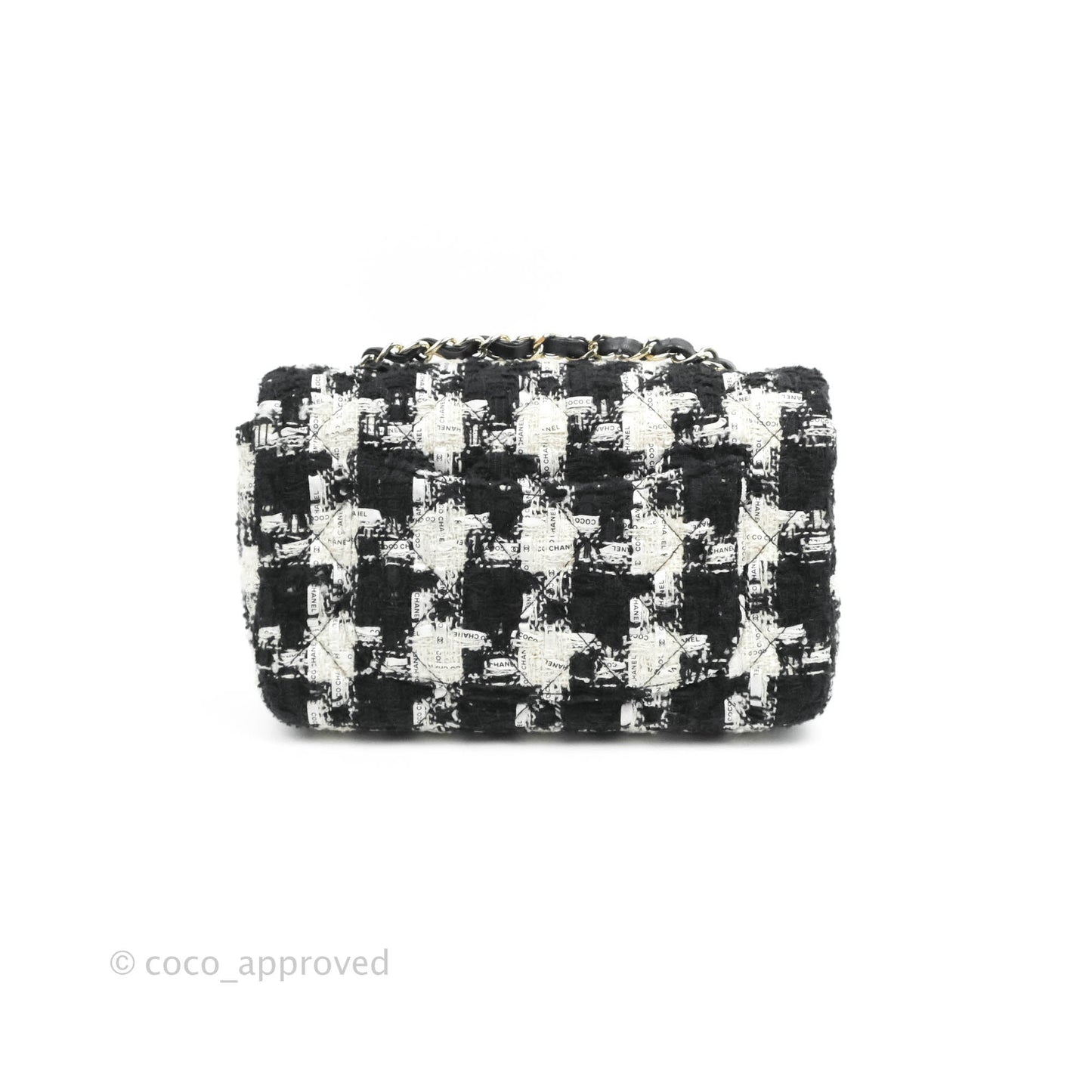 Chanel Quilted Mini Rectangular Flap Tweed Houndstooth Black & White Gold Hardware