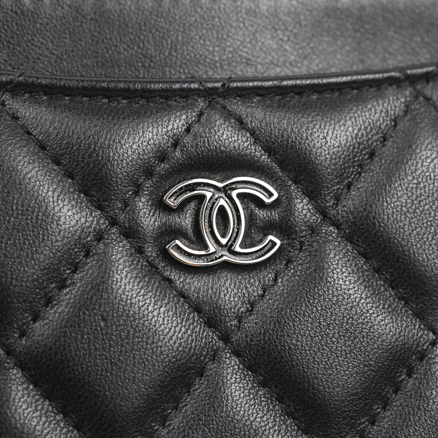 Chanel Classic Zip Pouch Glitter CC Black Lambskin Silver Hardware