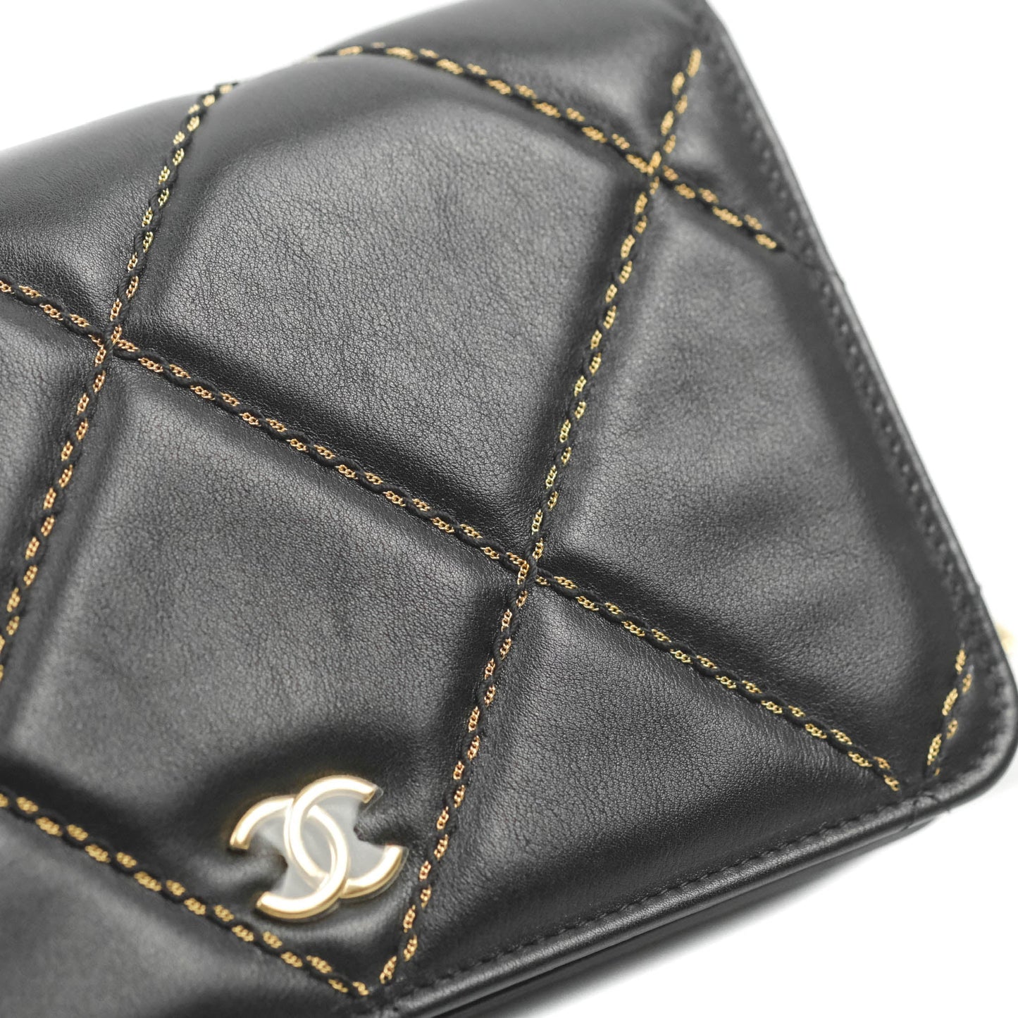 Chanel Quilted Wallet on Chain WOC Stitching Black Lambskin Gold Hardware