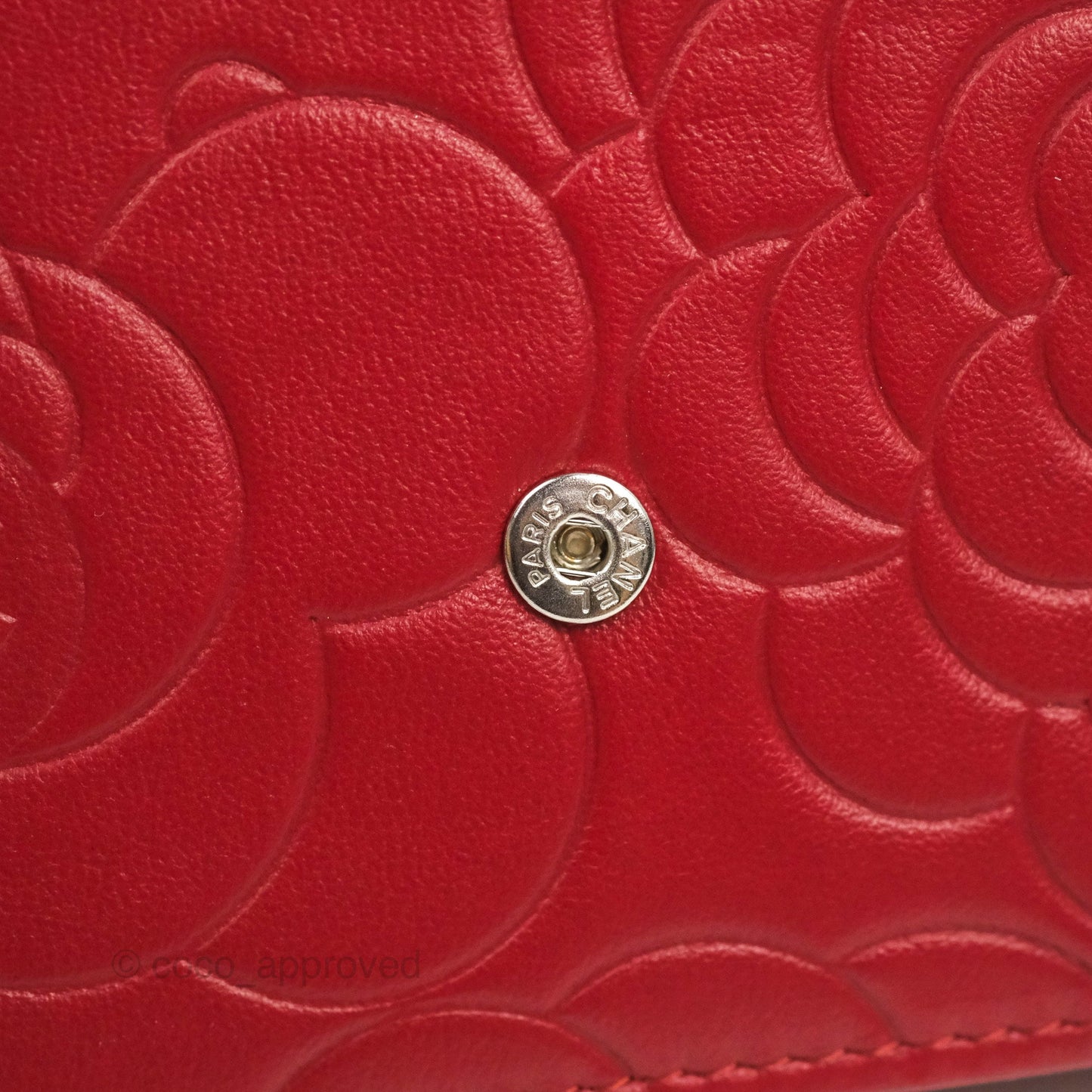 Chanel Camellia Embossed Wallet On Chain WOC Red Lambskin Silver Hardware