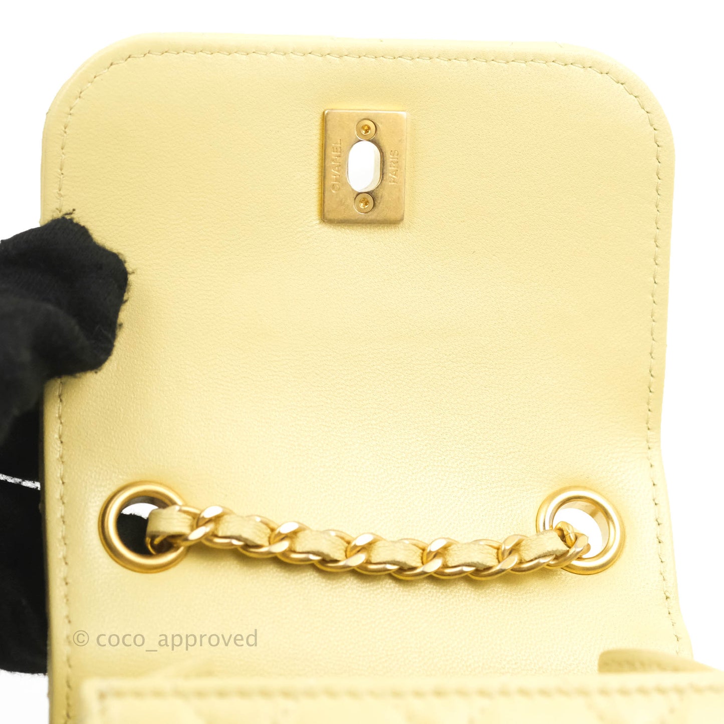 Chanel Quilted Pearl Crush Phone Holder With Chain Yellow Lambskin