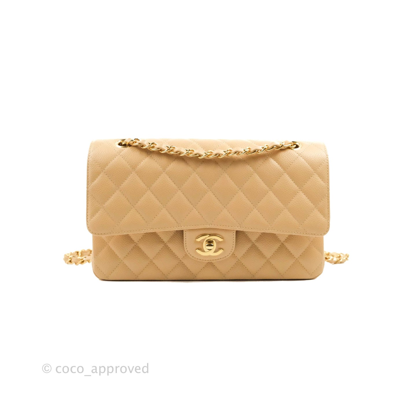 Chanel Classic M/L Medium Flap Quilted Beige Caviar Gold Hardware