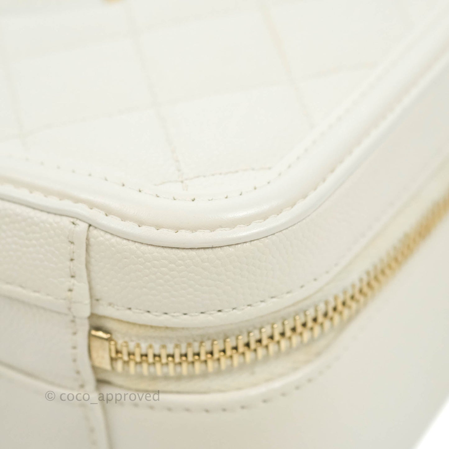 Chanel Quilted Medium CC Filigree Vanity Case White Caviar Aged Gold Hardware
