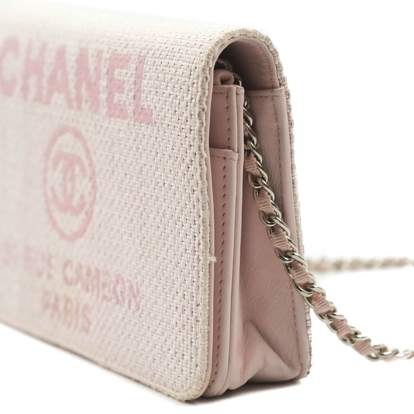 Chanel Deauville Wallet On Chain WOC Pink Canvas Silver Hardware