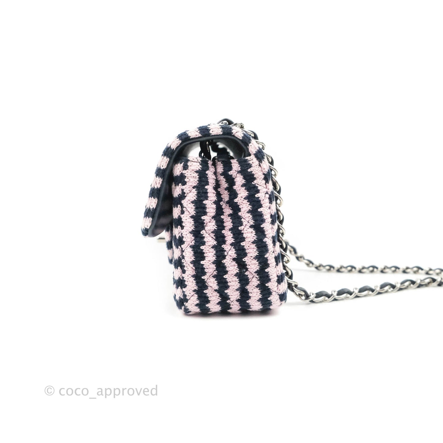 Chanel Mini Rectangular Flap Bag Navy Pink Striped Tweed Silver Hardware