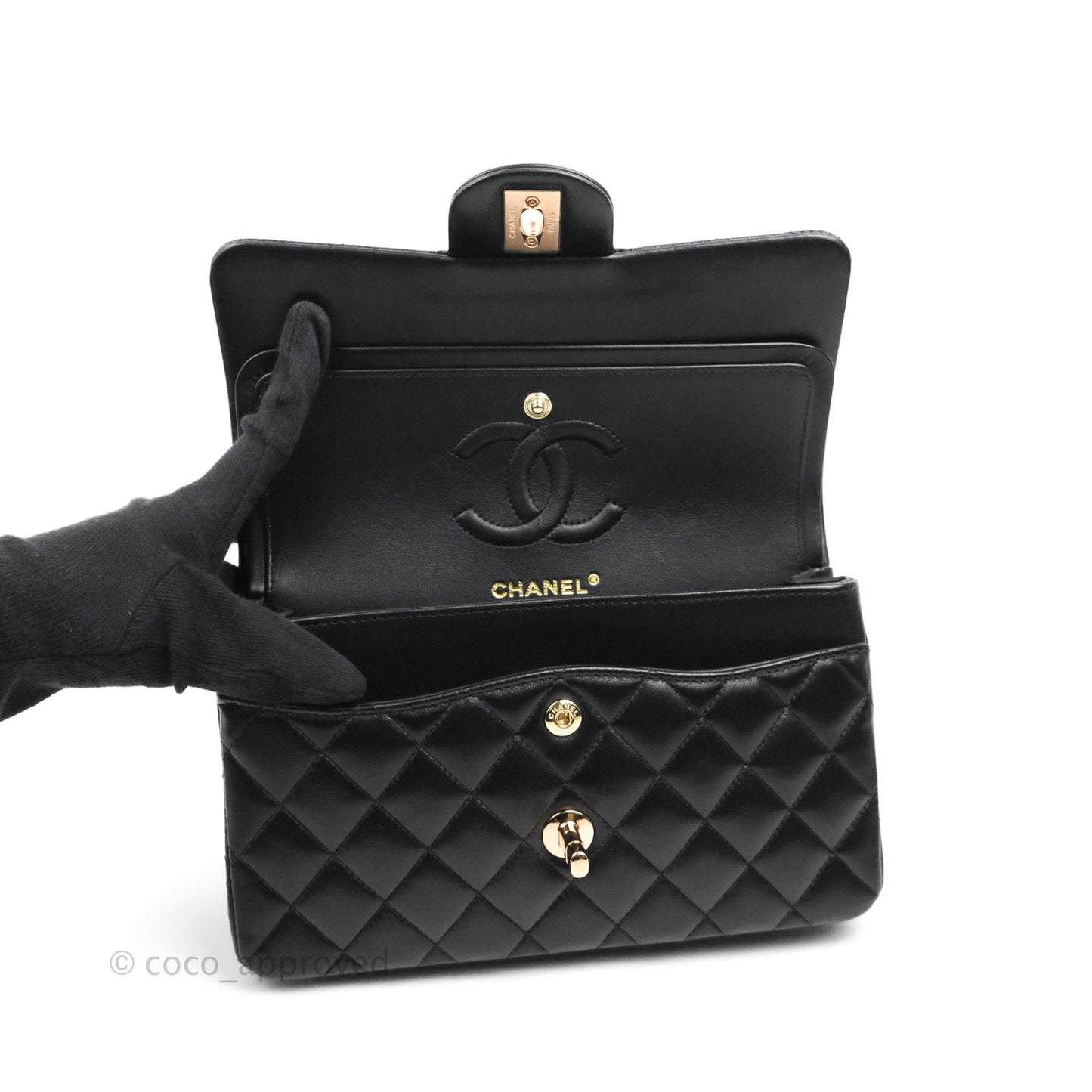 Chanel Classic Small S/M Flap Black Lambskin Rose Pink-Gold Hardware