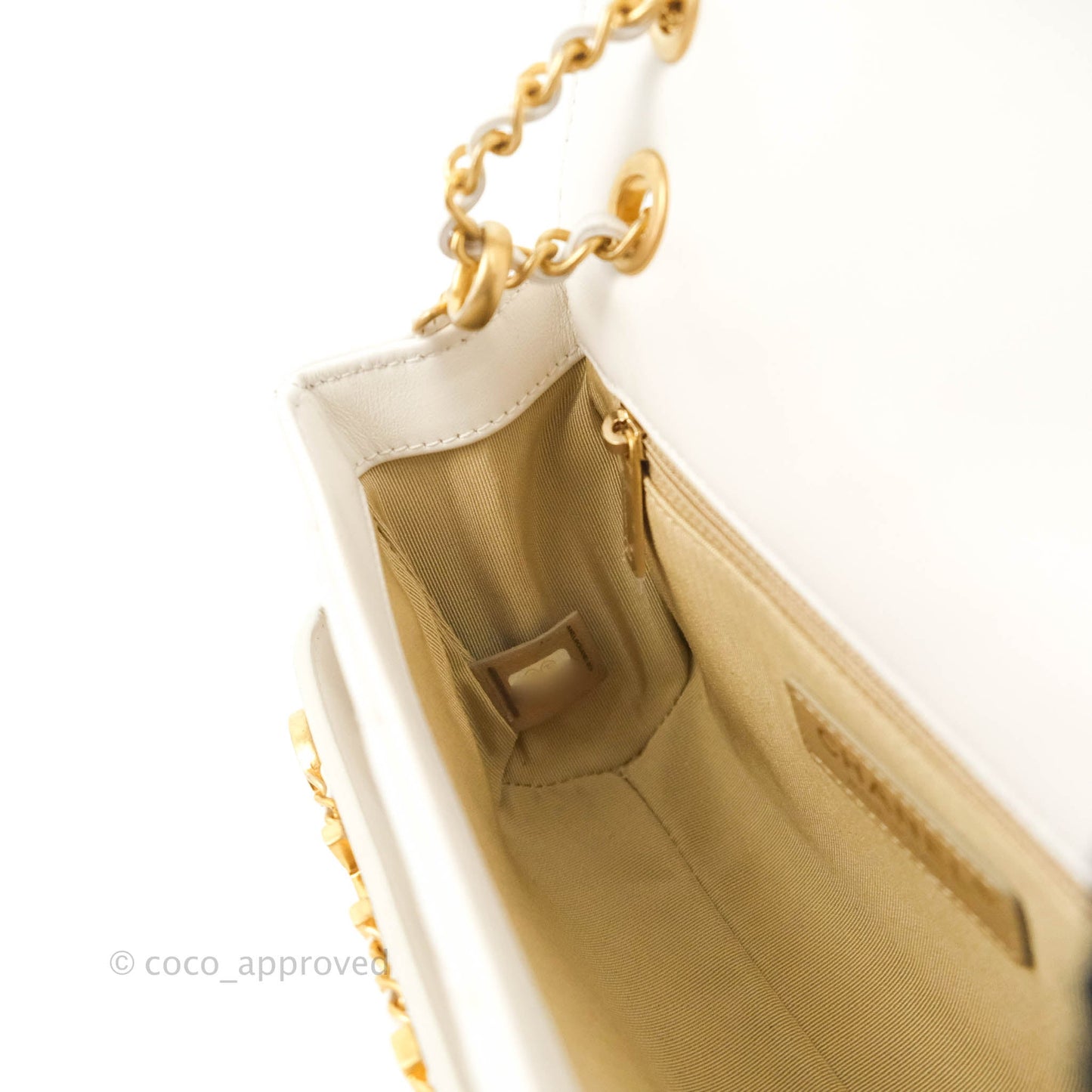 Chanel Small Logo Enchained Flap Bag White Calfskin Aged Gold Hardware 20S