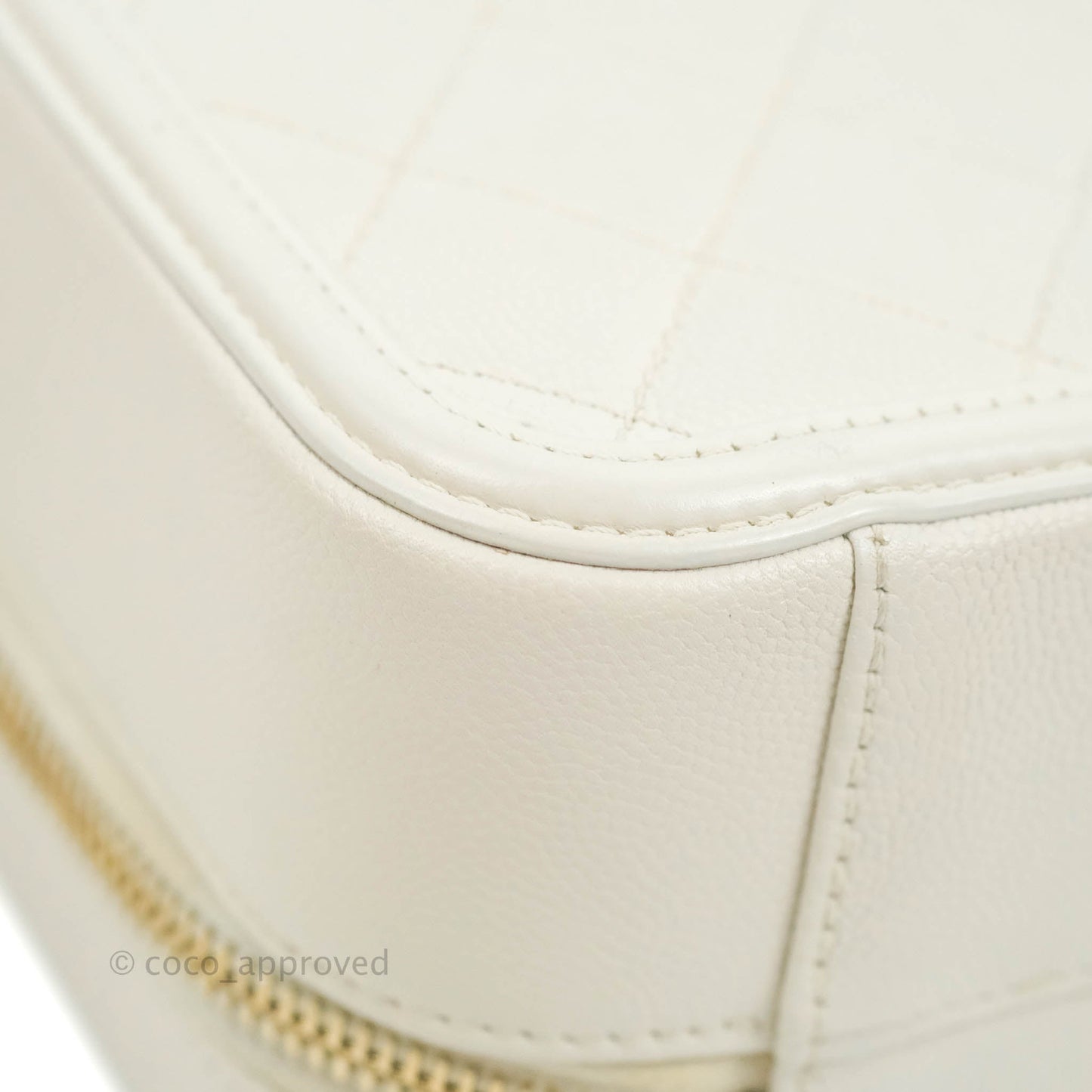 Chanel Quilted Medium CC Filigree Vanity Case White Caviar Aged Gold Hardware