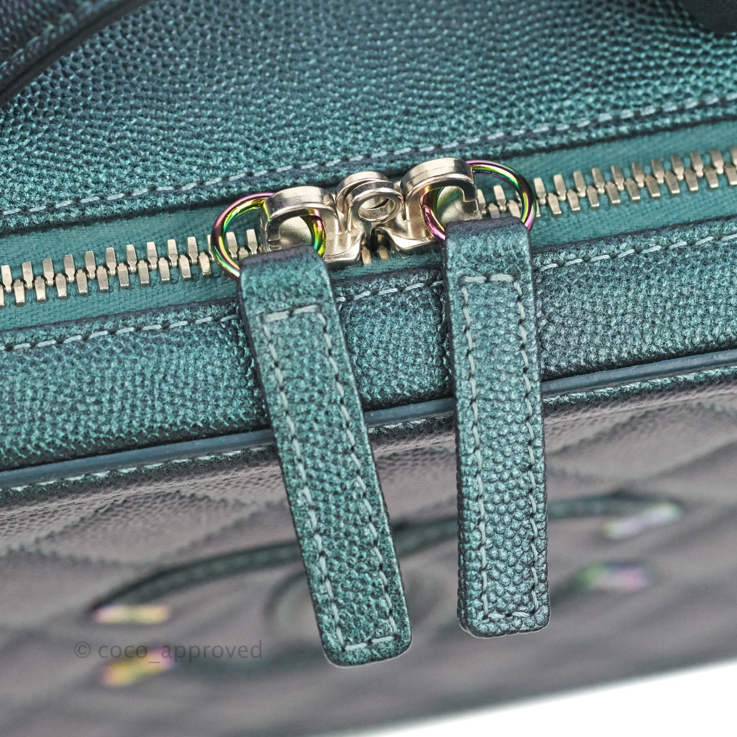 Chanel Quilted Medium CC Filigree Vanity Case Iridescent Dark Turquoise Caviar Rainbow Hardware