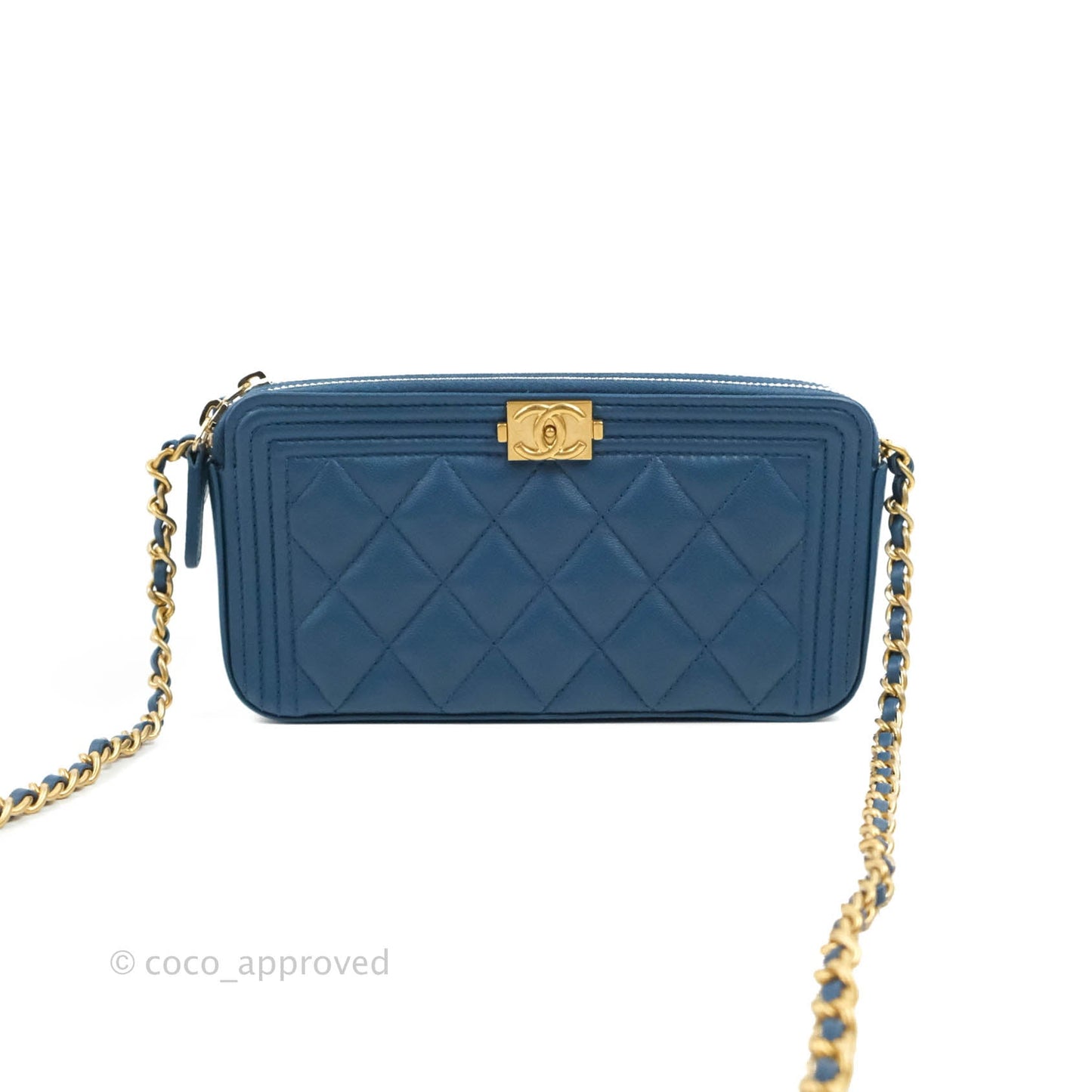 Chanel Boy Double Zip Clutch On Chain Blue Lambskin Aged Gold Hardware