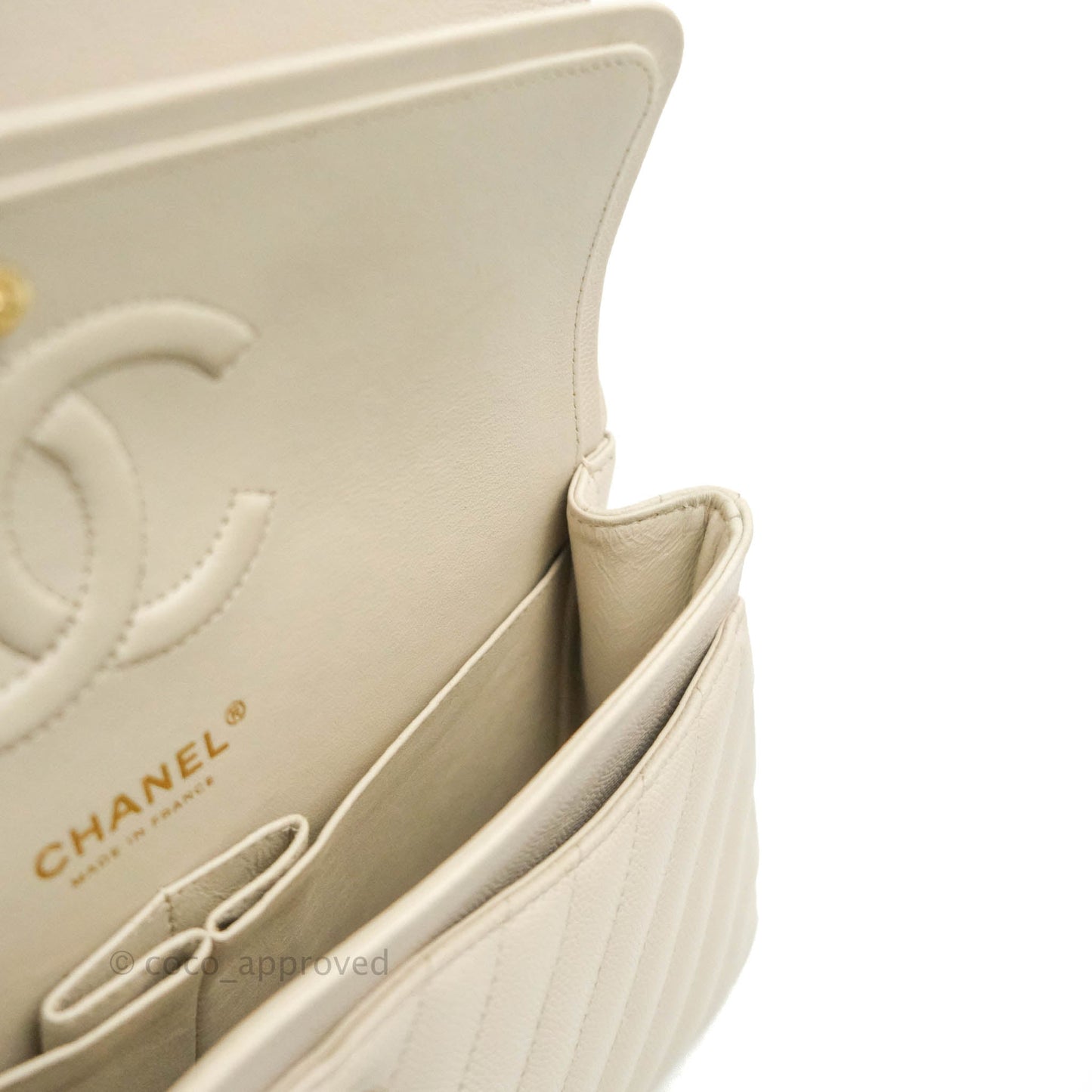 Chanel Classic M/L Medium Double Flap Chevron Ivory Caviar Gold Hardware