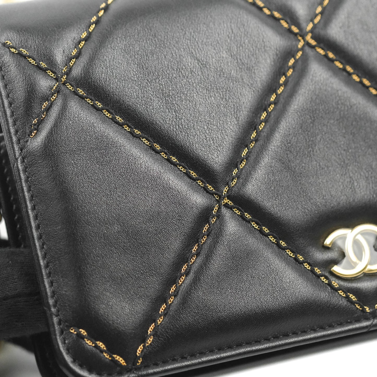 Chanel Quilted Wallet on Chain WOC Stitching Black Lambskin Gold Hardware