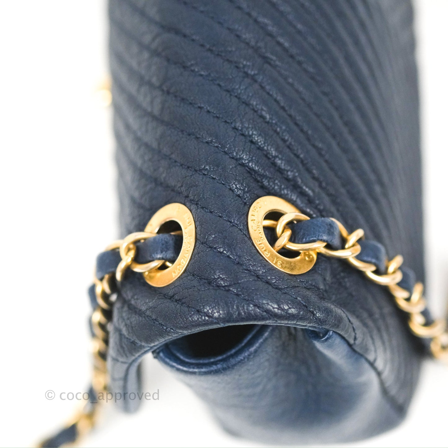 Chanel Small Chevron Surpique Flap Navy Calfskin Aged Gold Hardware