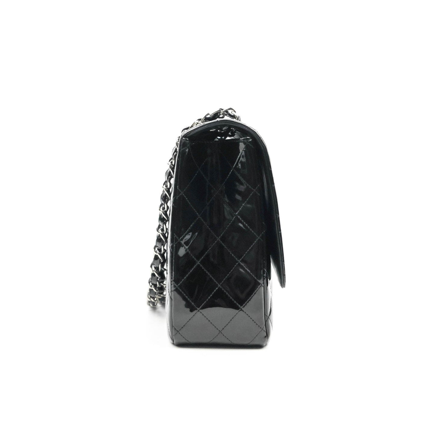 Chanel Quilted Maxi Single Flap Black Patent Silver Hardware
