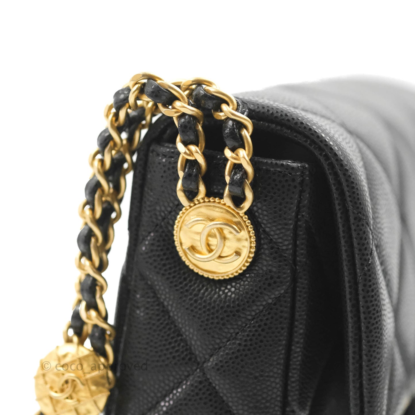 Chanel Small Flap with Coin Charm Black Caviar Aged Gold Hardware 22A