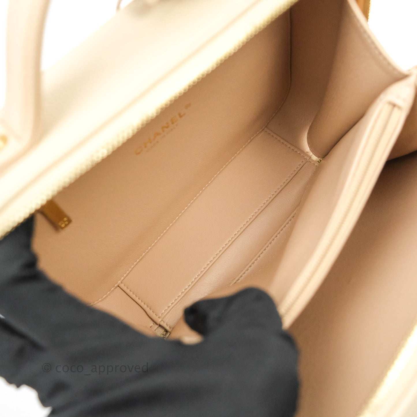 Chanel Quilted Medium CC Filigree Vanity Case Light Beige Caviar Aged Gold Hardware