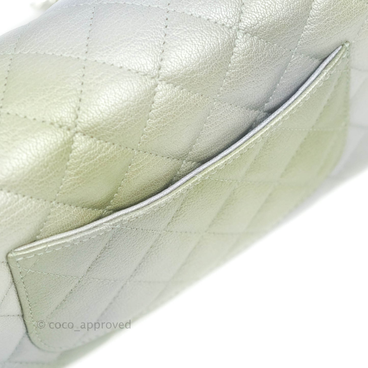 Chanel Quilted Mini Rectangular Flap Ombre Grey Green Metallic Goatskin Silver Hardware 22C