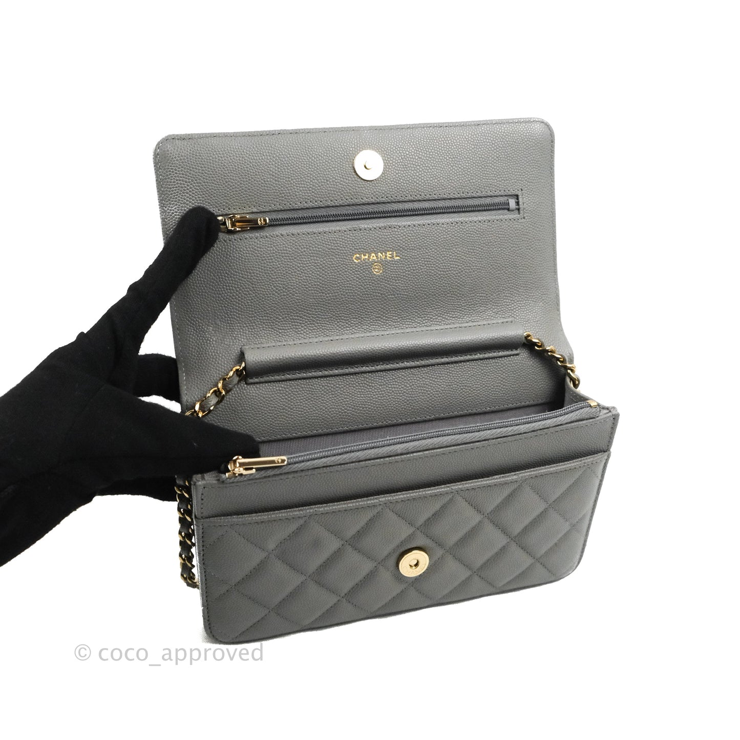 Chanel Quilted Classic Wallet on Chain WOC Grey Caviar Gold Hardware