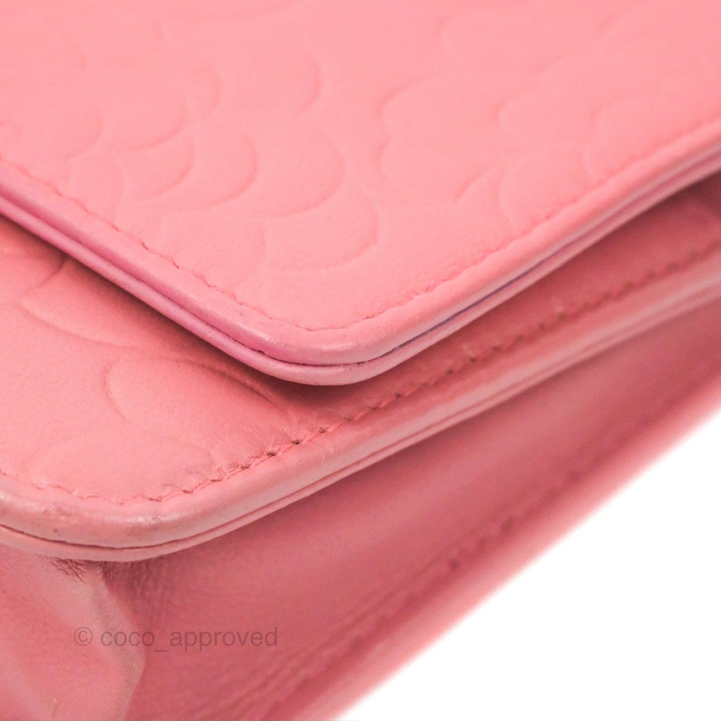 Chanel Camellia Embossed Wallet On Chain WOC Pink Lambskin Silver Hardware