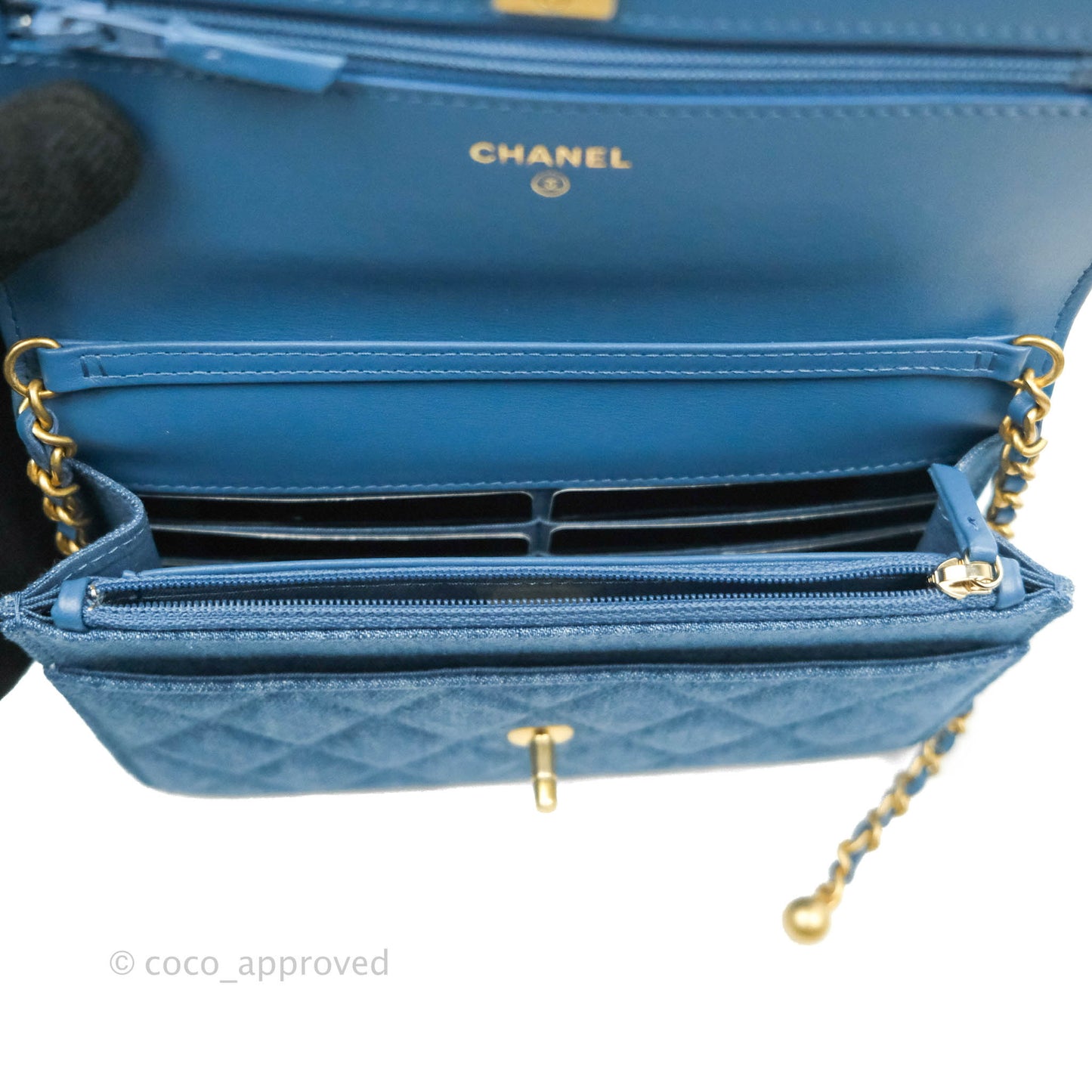 Chanel Quilted Pearl Crush Wallet on Chain WOC Denim Aged Gold Hardware