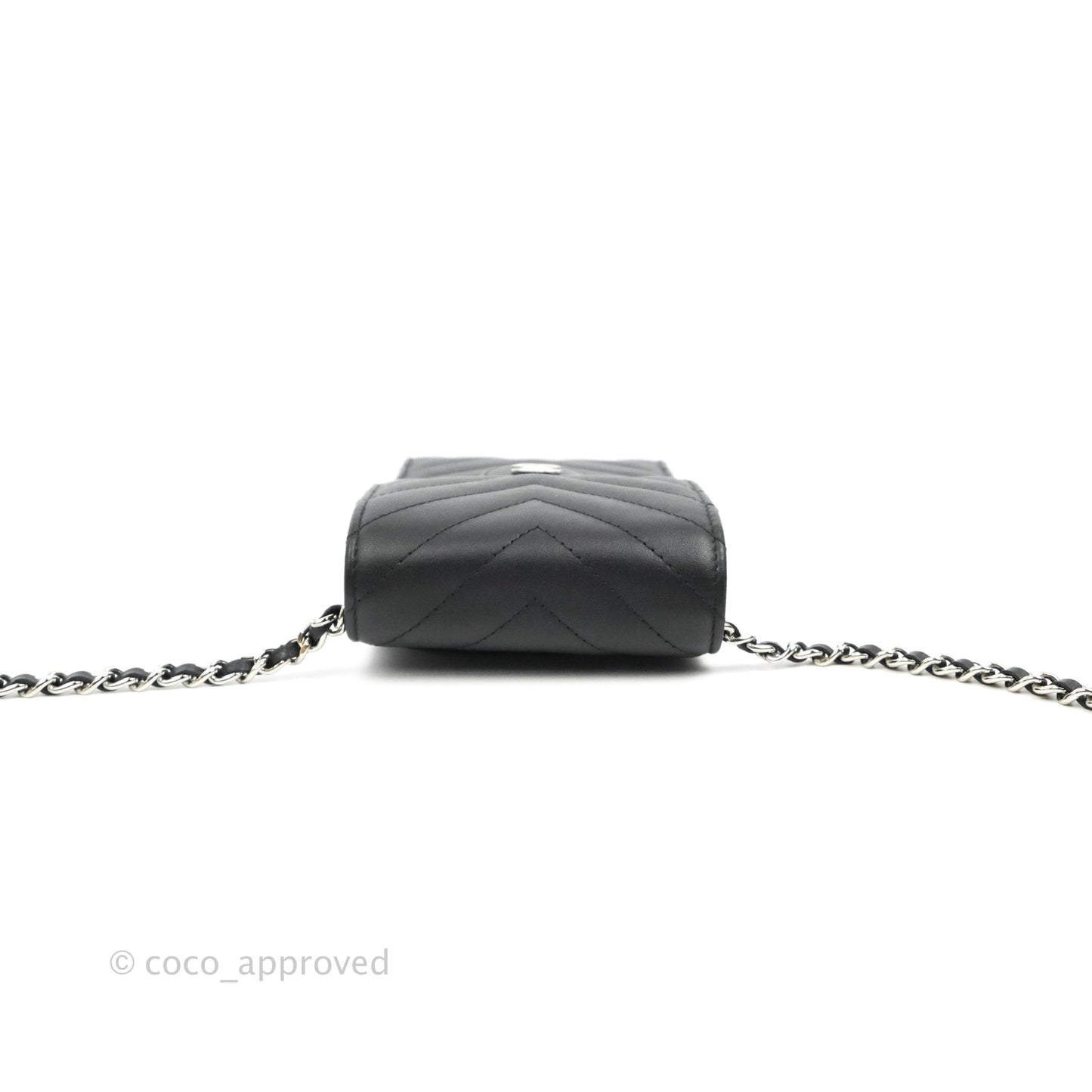 Chanel Classic Chevron Phone Holder Calfskin Black Silver Hardware