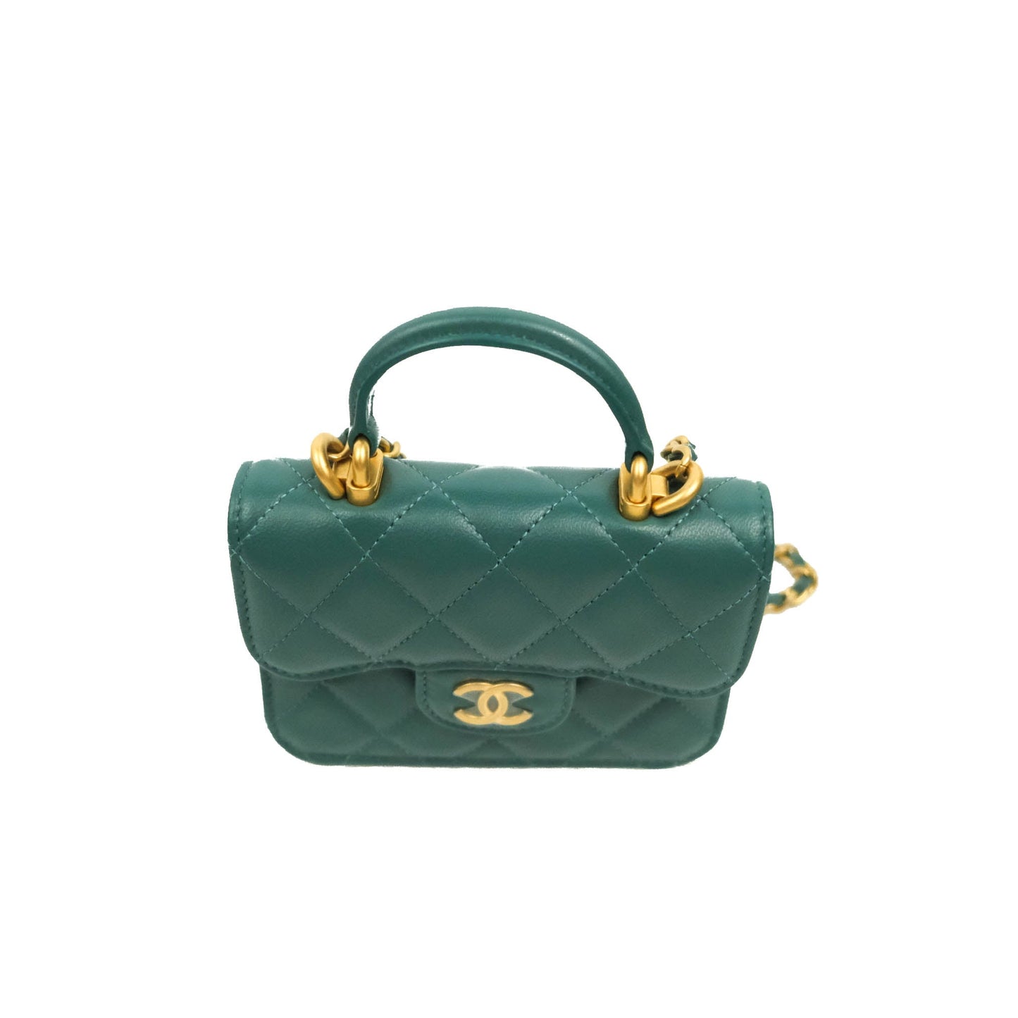 Chanel Mini Handle Flap Coin Purse With Chain Green Lambskin Gold Hardware