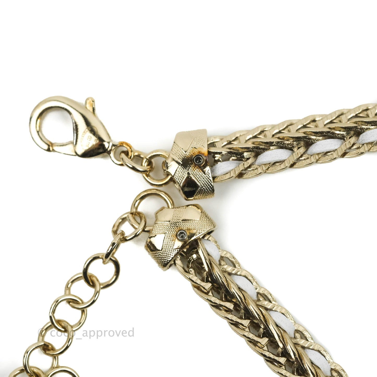 Chanel Crystal CC White Leather Braided Chain Choker Gold Tone 22S