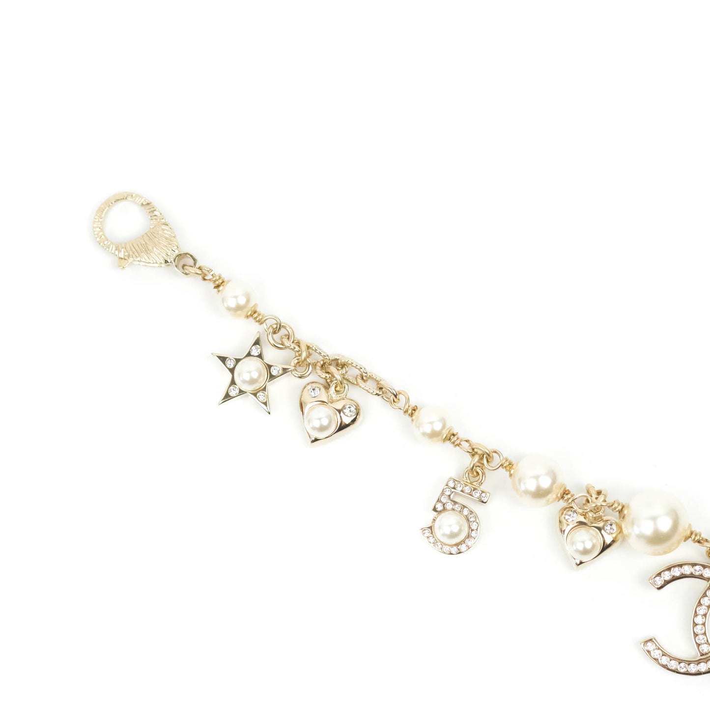 Chanel CC Crystal Pearl Charm Bracelet Gold Tone 20V