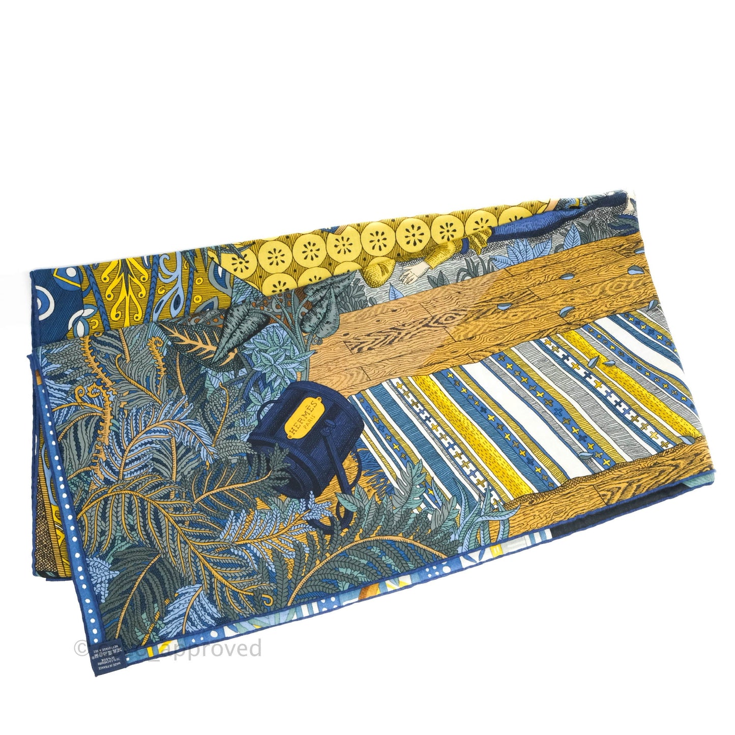 Hermes Acte III, Scene I, La Clairiere shawl 140 Scarf Bleu Nuit/Jaune/Vert