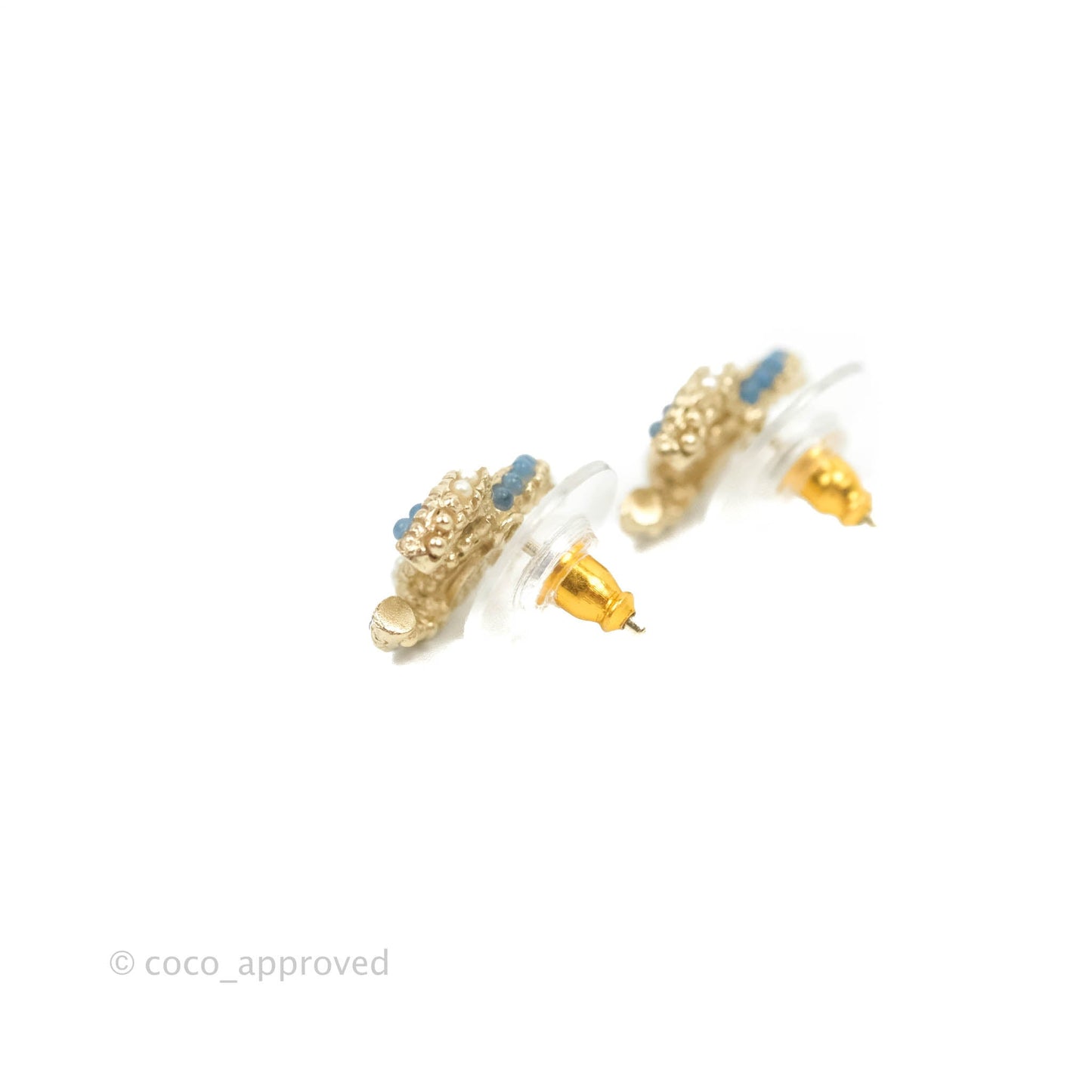 Chanel CC Pearl Blue Resin Earrings Gold Tone 18P