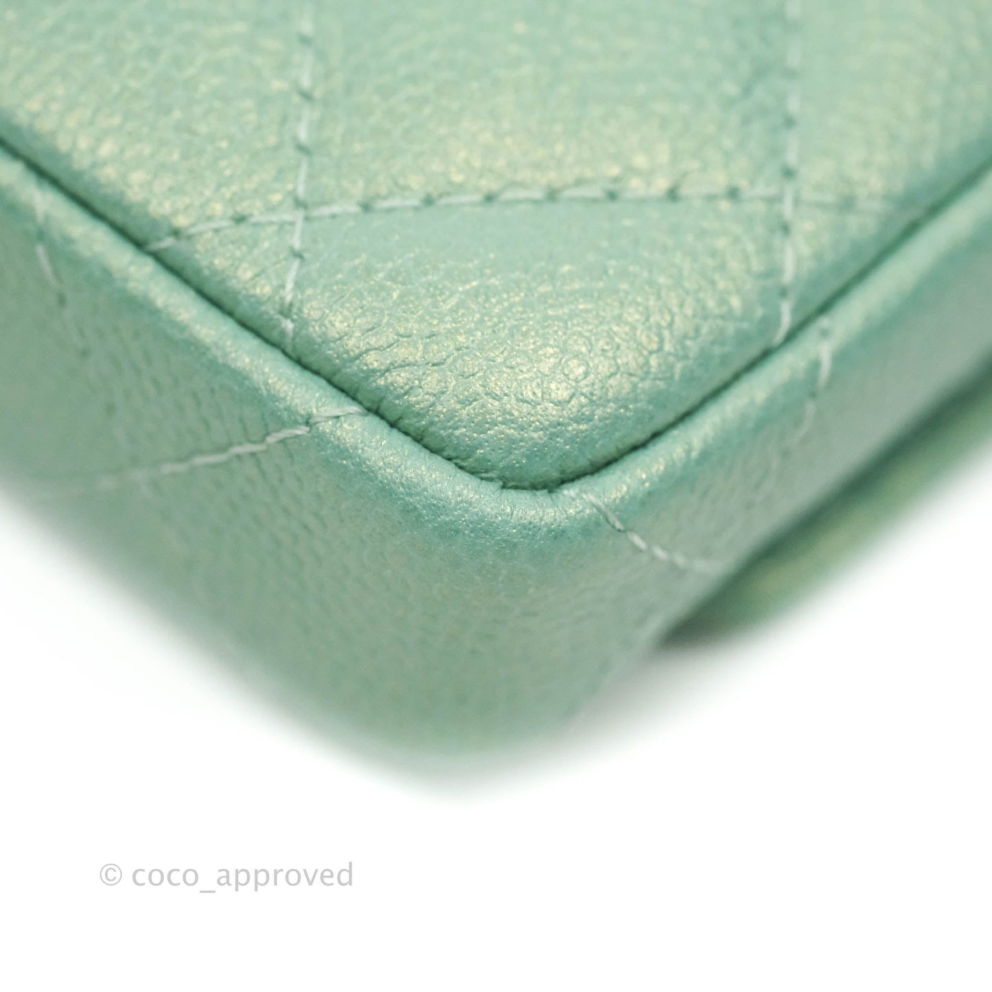Chanel Quilted Card Holder With Chain Iridescent Mint Caviar Gold Hardware